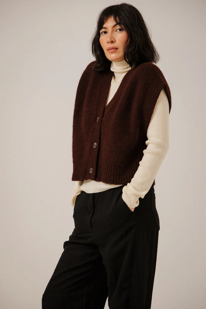 Alpaca Button Down Vest in Deep Maroon