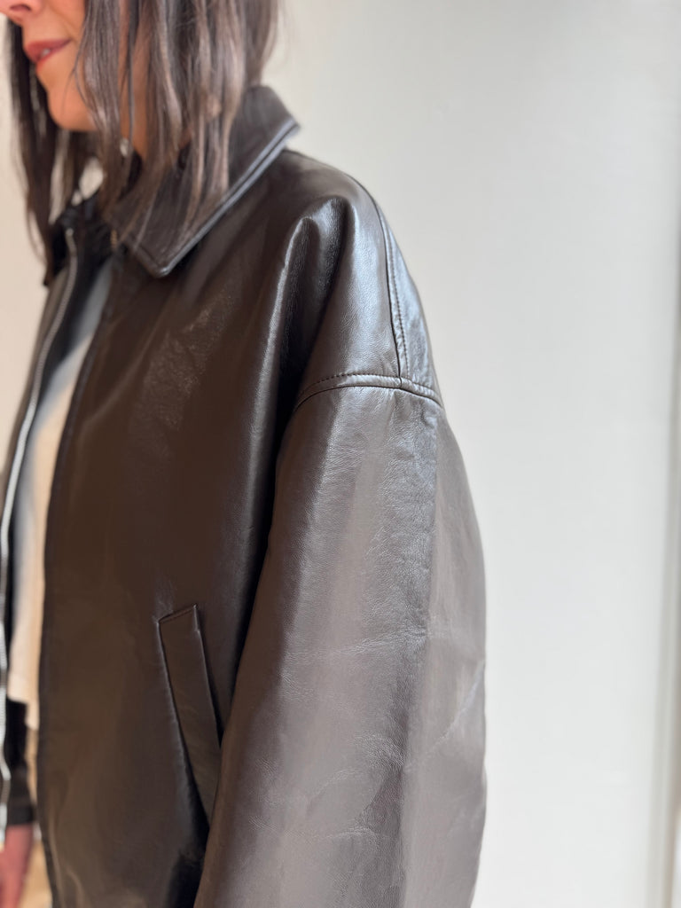 Bubble Hem Leather Bomber Jacket - Dark Chocolate Brown