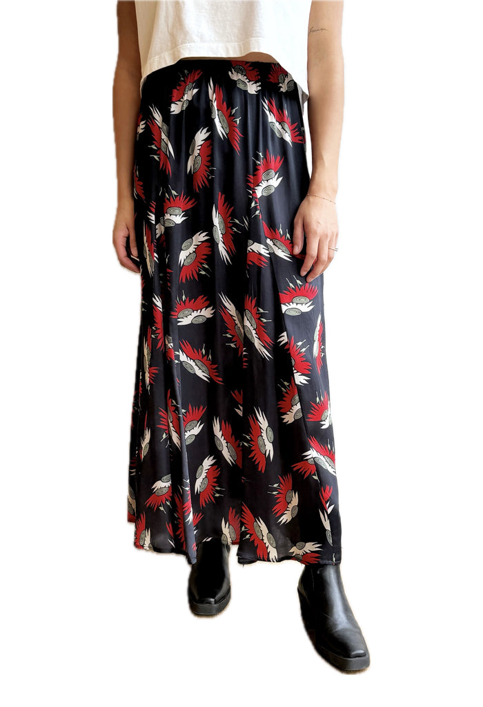 The Godet skirt in navy birds of paradise print