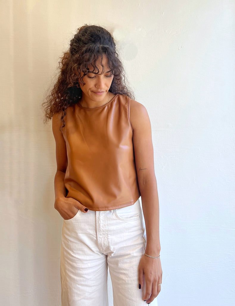 Vegan leather Tank Top in camel