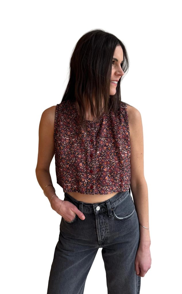 Cropped Button Vest in Floral Corduroy