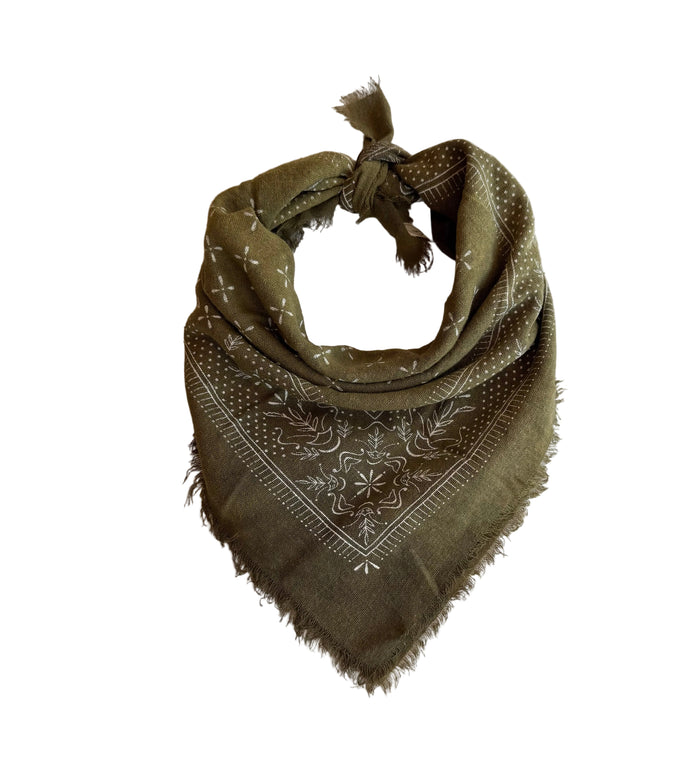 Olive Raw Silk Dyed Bandana - White Ink