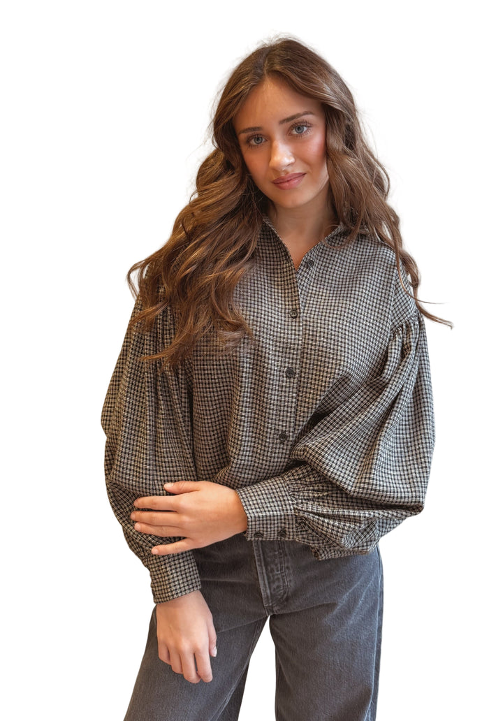 Check volume sleeve blouse