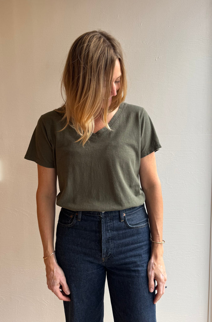 Paige V Neck Tee in Olive Green