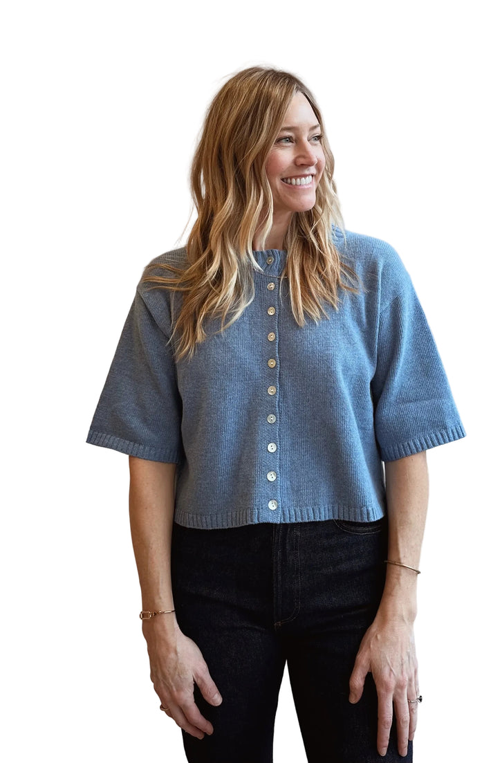 The Eileen 3/4 cardigan in blue