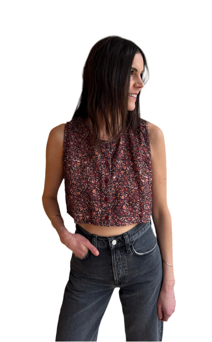 Cropped Button Vest in Floral Corduroy
