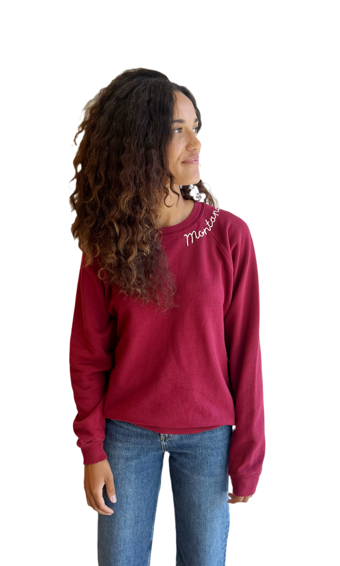 Dark maroon embroidered Montana Sweatshirt- cream thread