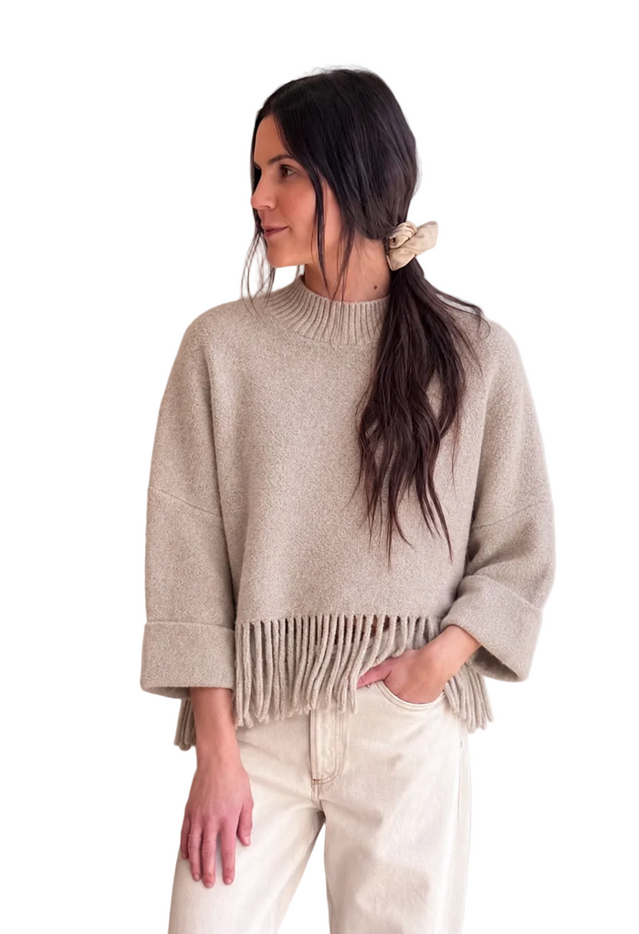 Darby Fringe Mock Neck in Wheat