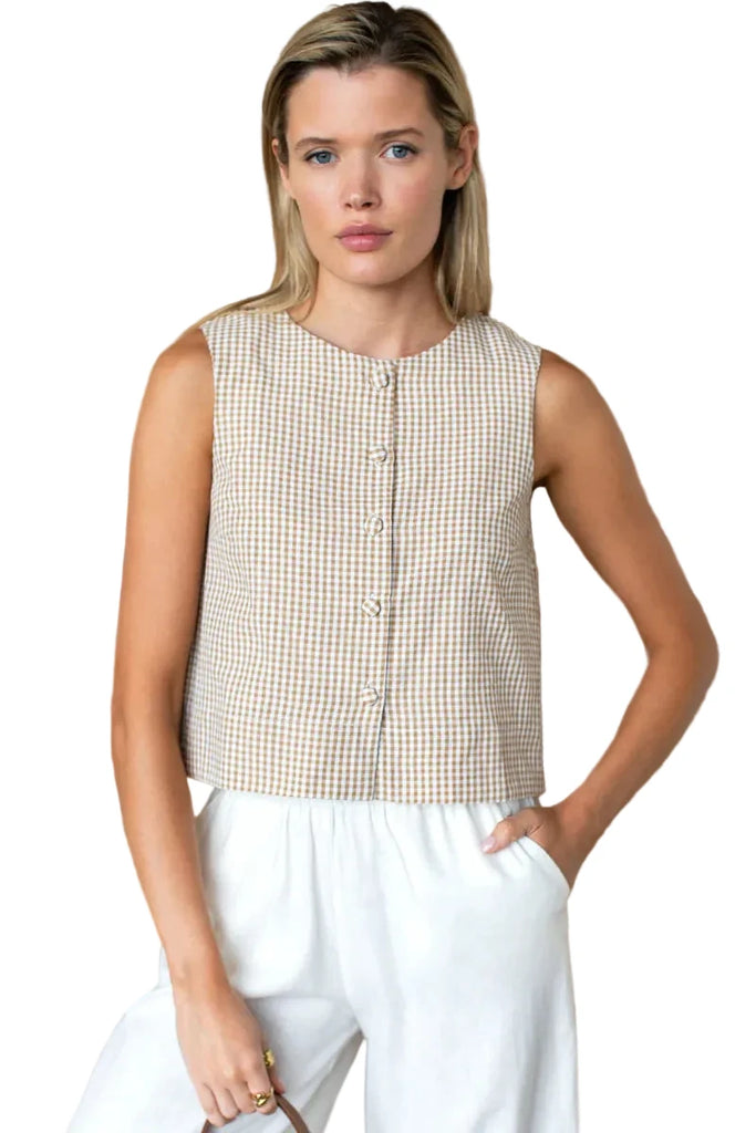Button front wide hem top in cafe check