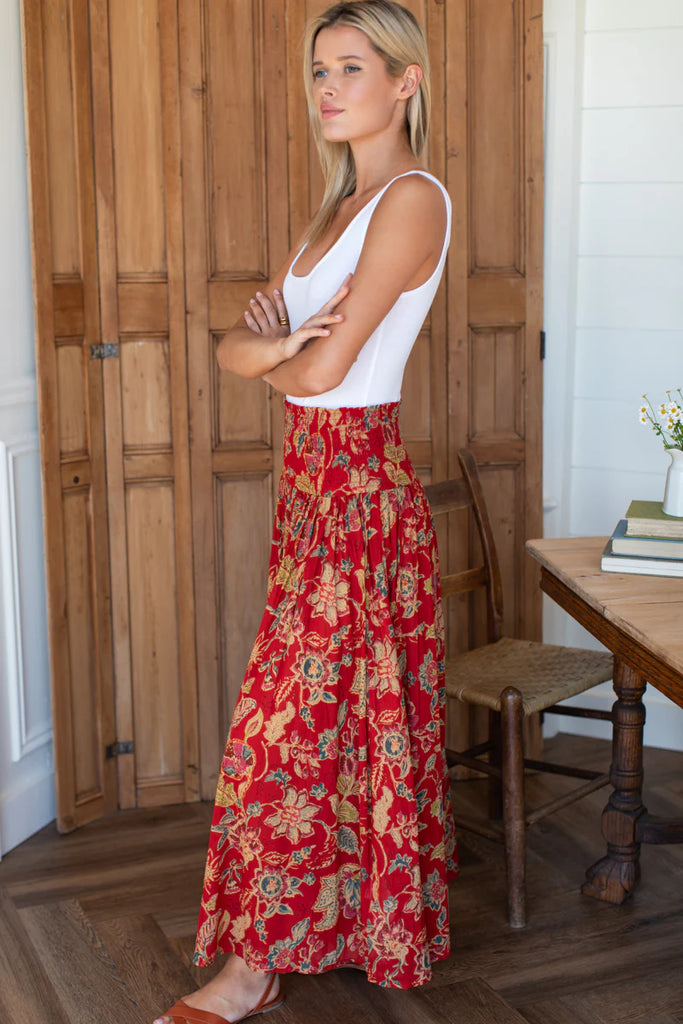 Smocked Maxi Skirt in pompeian blooms