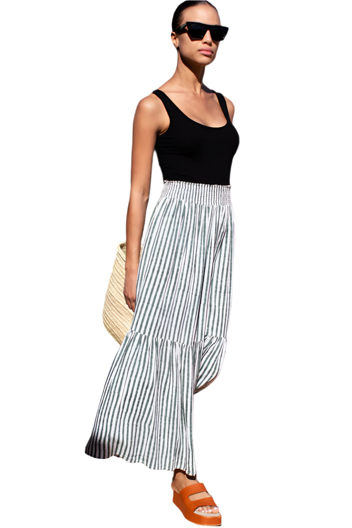 Shirred Skirt - Moss Stripe