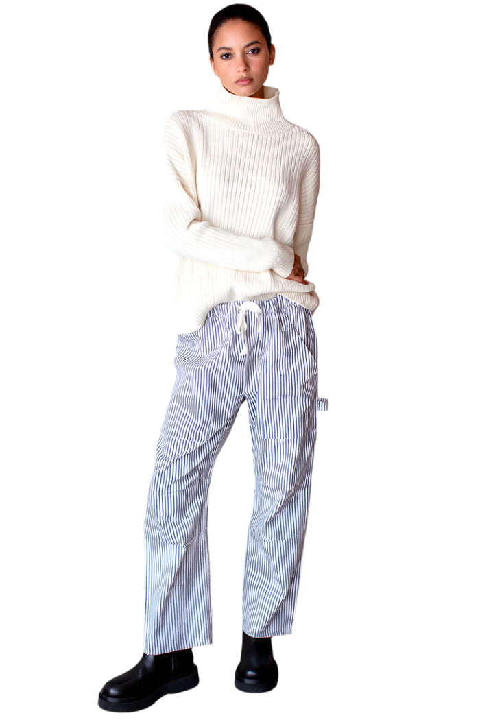 Drawstring cargo Pant in Indigo Stripe
