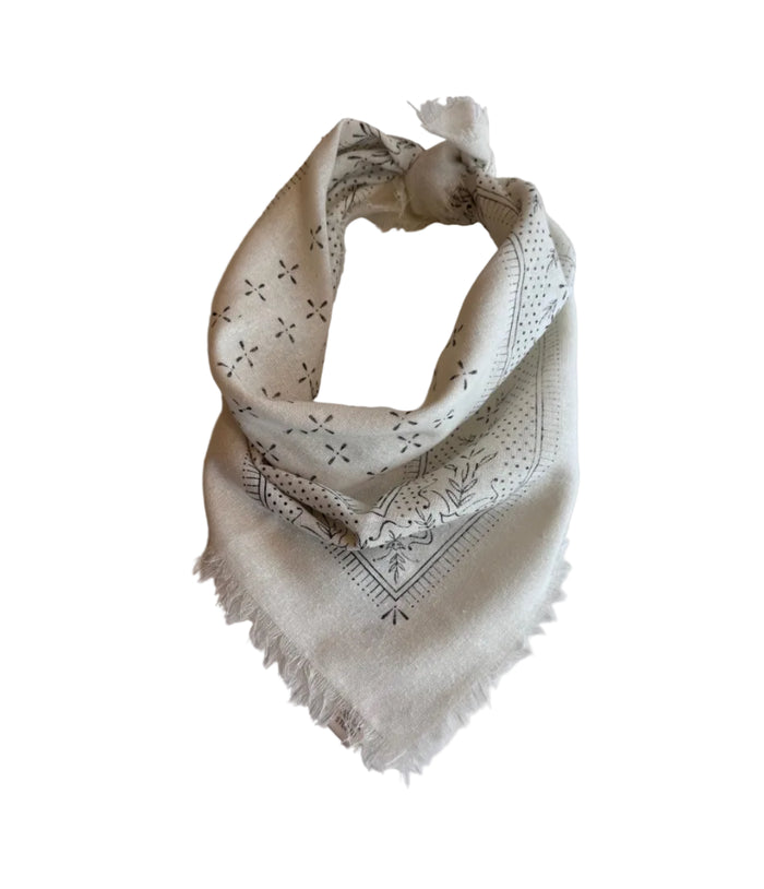Cream Raw Silk Dyed Bandana - Black Ink