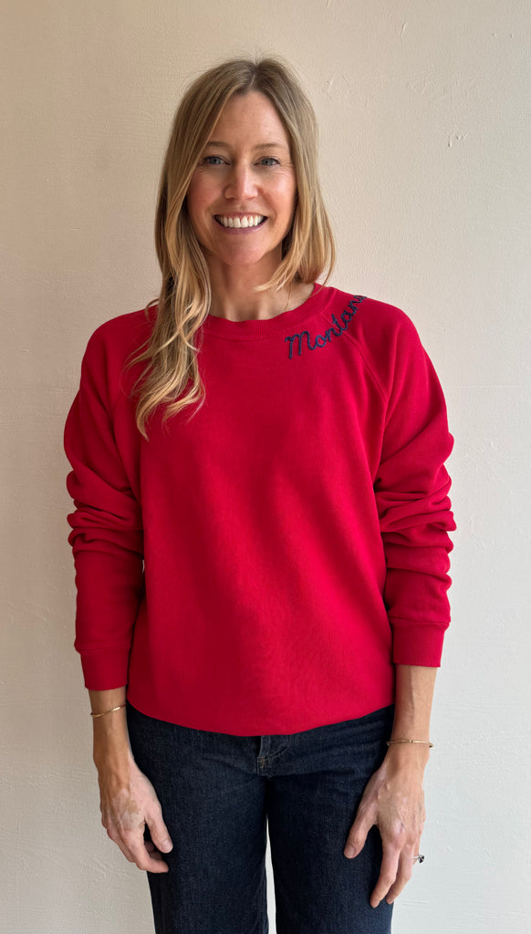 Red embroidered Montana Sweatshirt- navy thread