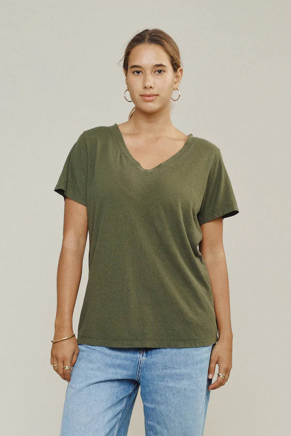 Paige V Neck Tee in Olive Green