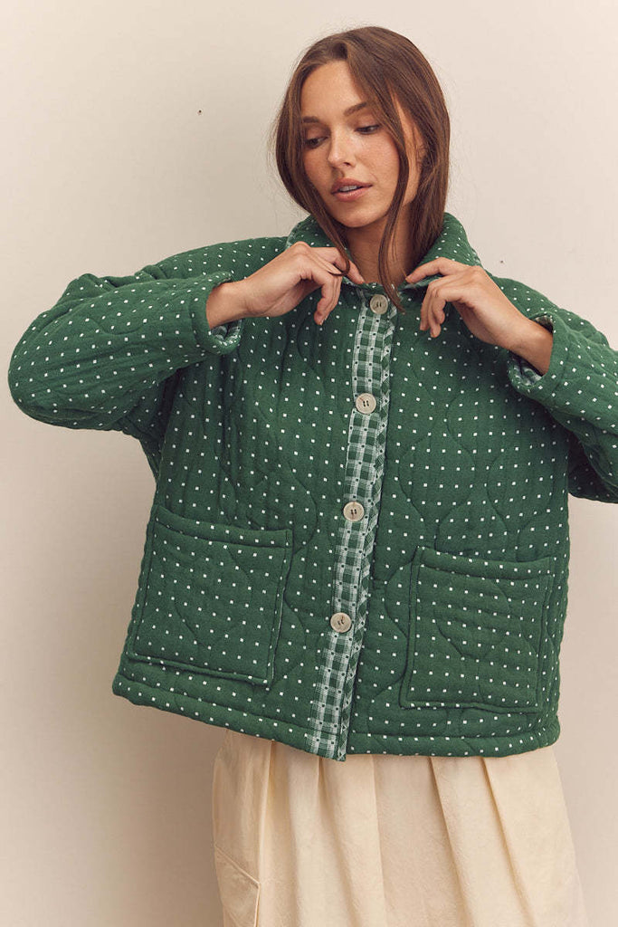 Green polka-dot quilted down jacket