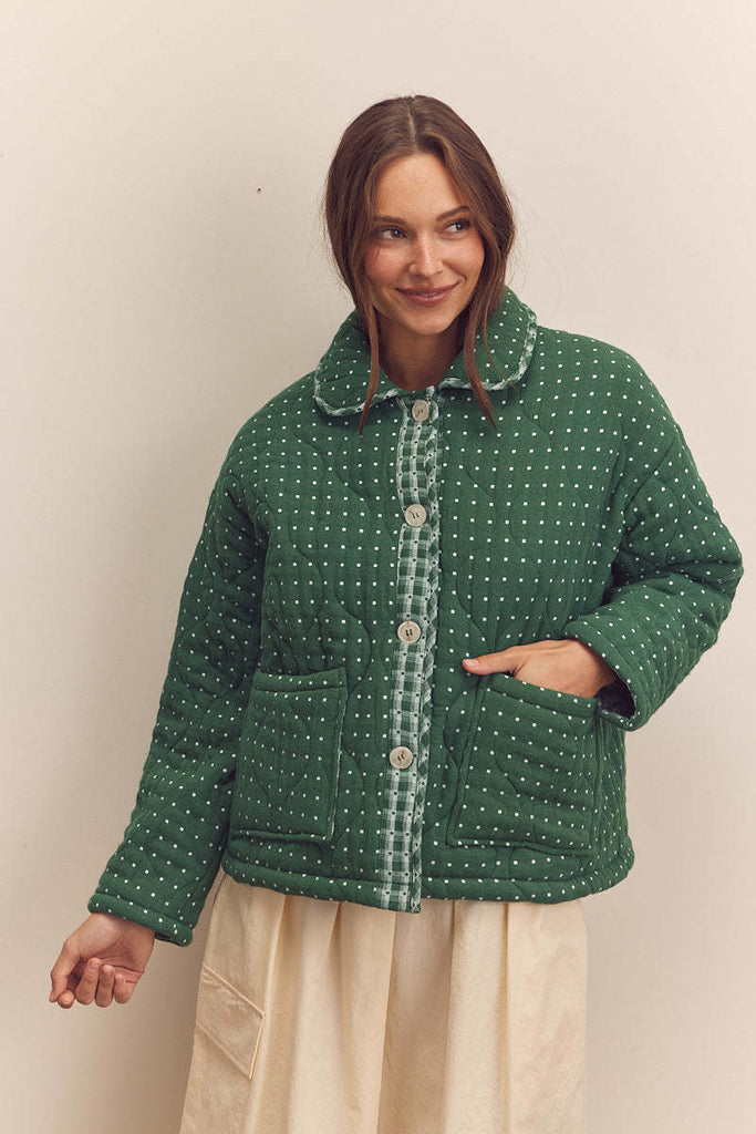 Green polka-dot quilted down jacket