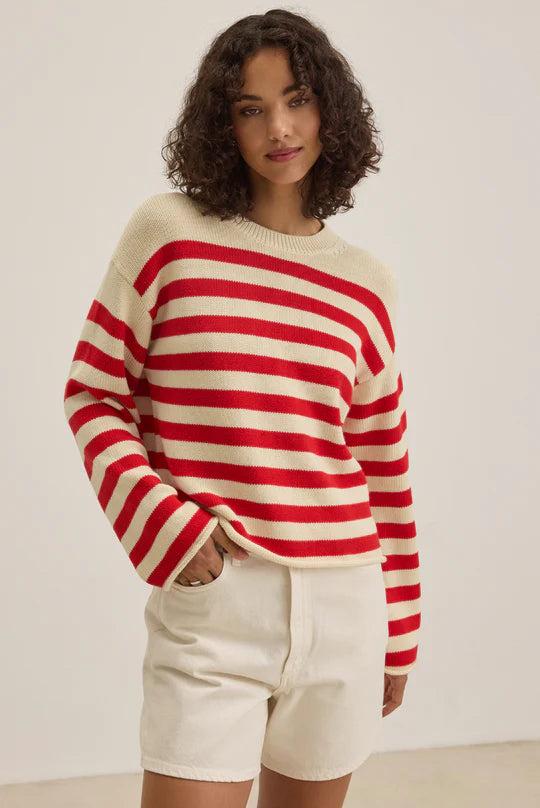 Lex Cotton Cashmere Crew in Cream & Red