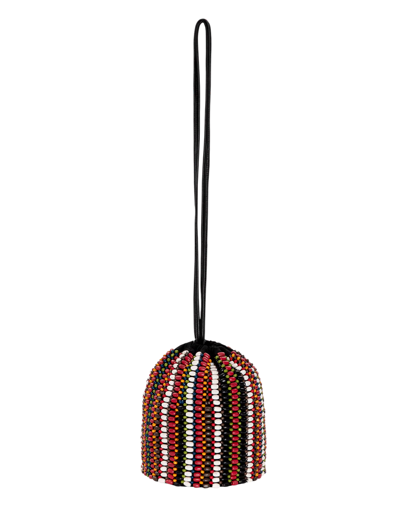 The Beaded Cinched Bucket Bag in Cabana Stripe