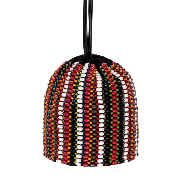 The Beaded Cinched Bucket Bag in Cabana Stripe