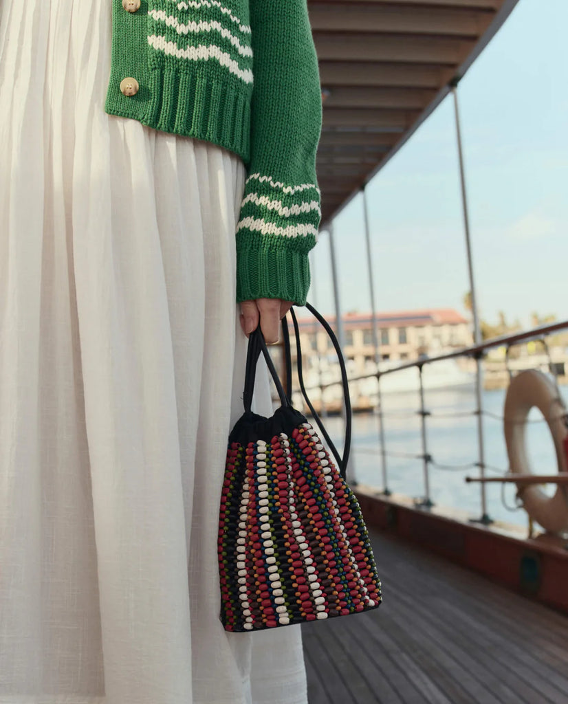 The Beaded Cinched Bucket Bag in Cabana Stripe