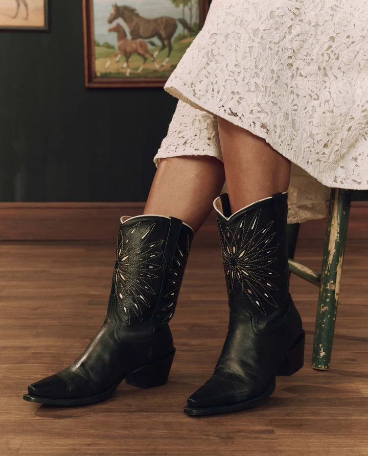 The Southwest Cowboy Boot in Black w Gold Sunburst