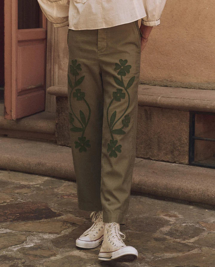 The Floral Applique Admiral Pant in Tonal Army