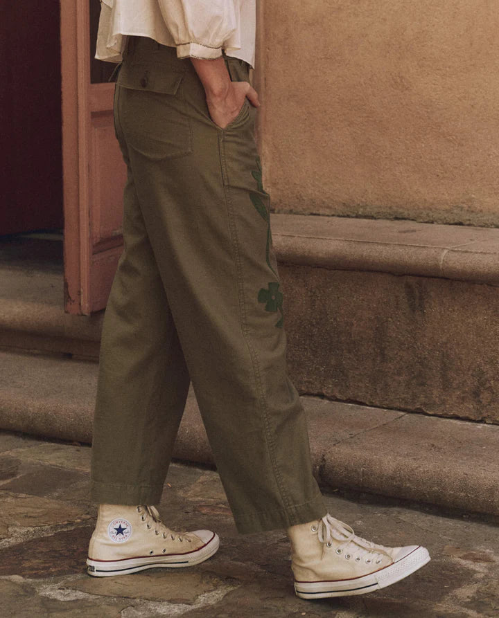 The Floral Applique Admiral Pant in Tonal Army