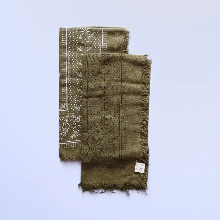 Olive Raw Silk Dyed Bandana - Black Ink