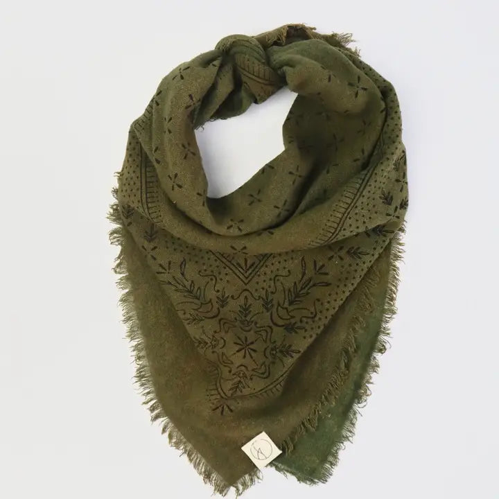 Olive Raw Silk Dyed Bandana - Black Ink