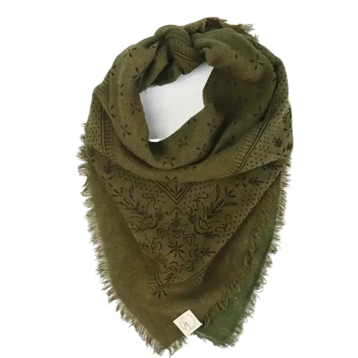 Olive Raw Silk Dyed Bandana - Black Ink