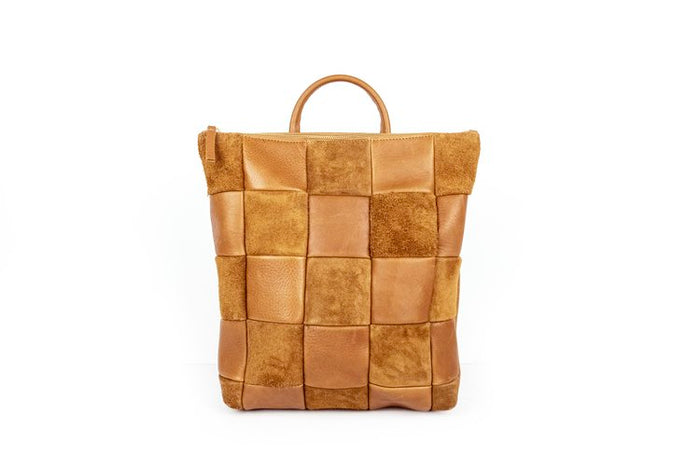 Cognac Checkered Leather Backpack
