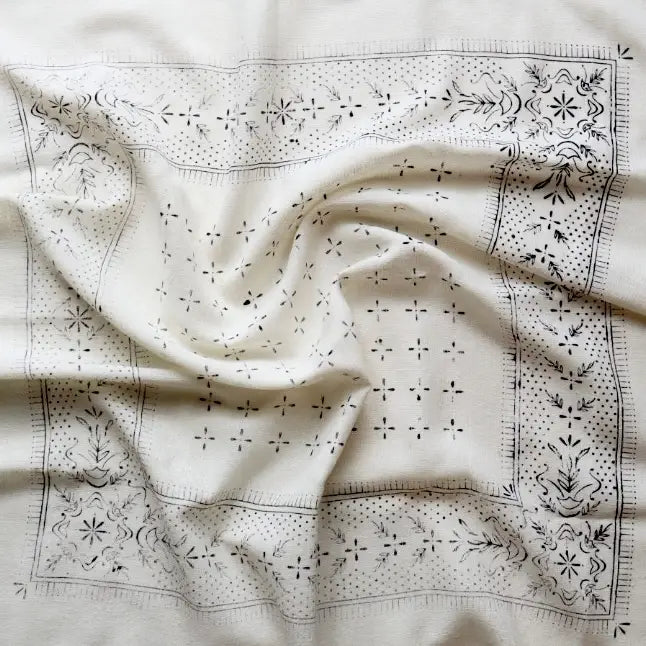 Cream Raw Silk Dyed Bandana - Black Ink
