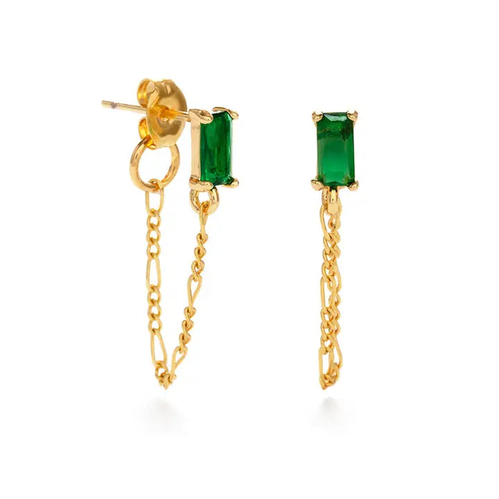 Emerald Stud w Chain Earrings