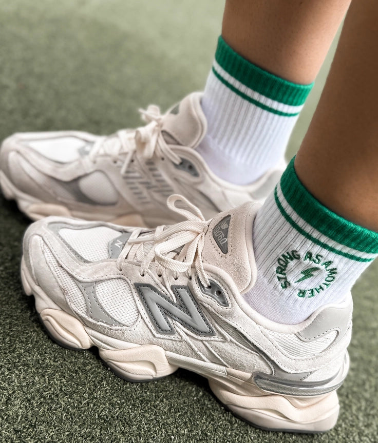 Strong As A Mother Embroidered Half Crew Socks - Green
