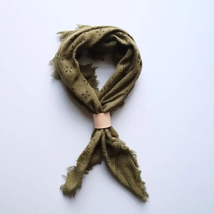 Olive Raw Silk Dyed Bandana - Black Ink