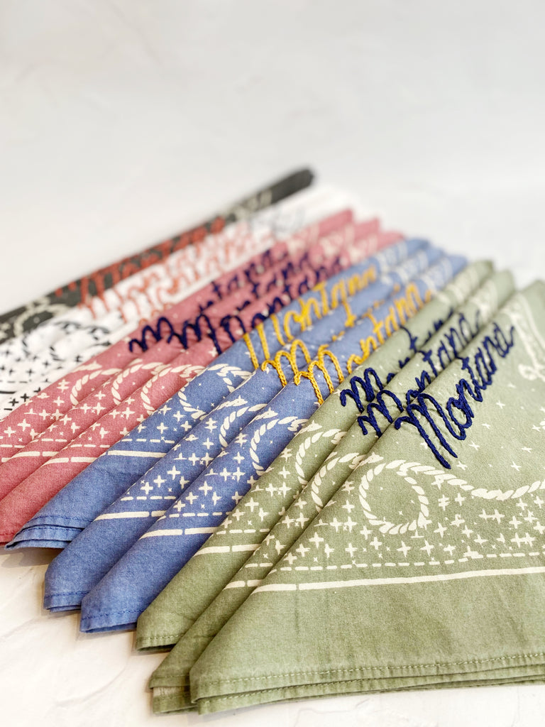 Hand embroidered Montana bandana